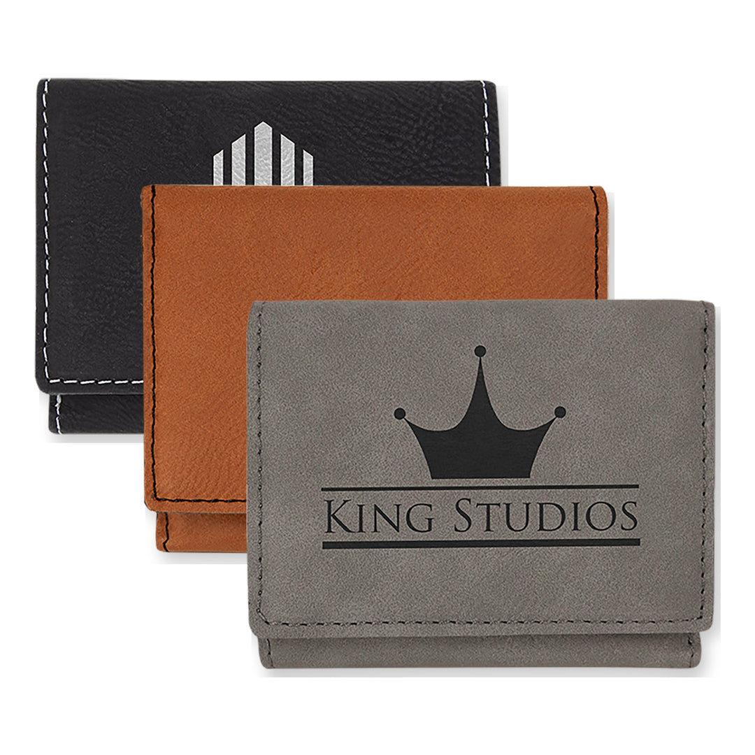 3" x 4" Leatherette Trifold Wallet in Black/Silver, Rawhide, Gray with custom engraved logos