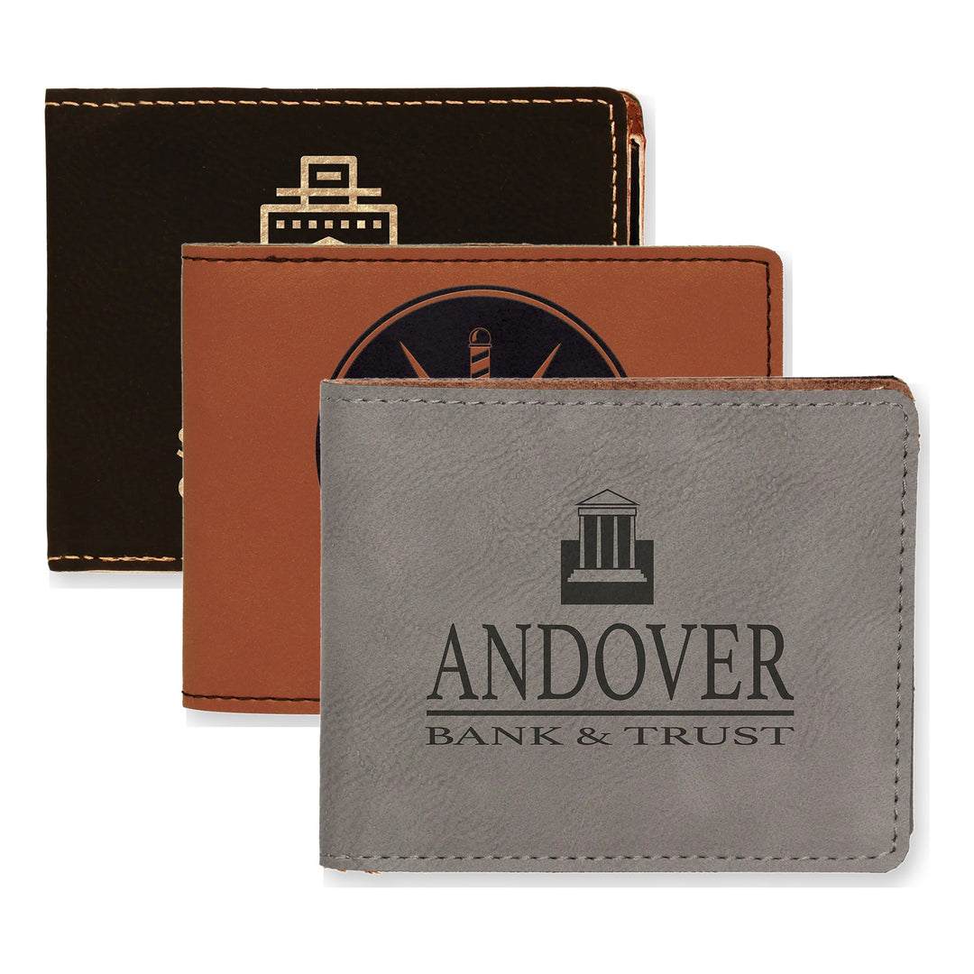 4 1/2" x 3 1/2" Leatherette Bifold Wallet in Black/Gold, Rawhide, Gray with custom engraved logos
