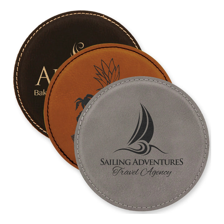 4" Round Leatherette Coaster in Black/Gold, Rawhide, Gray with custom engraved logos