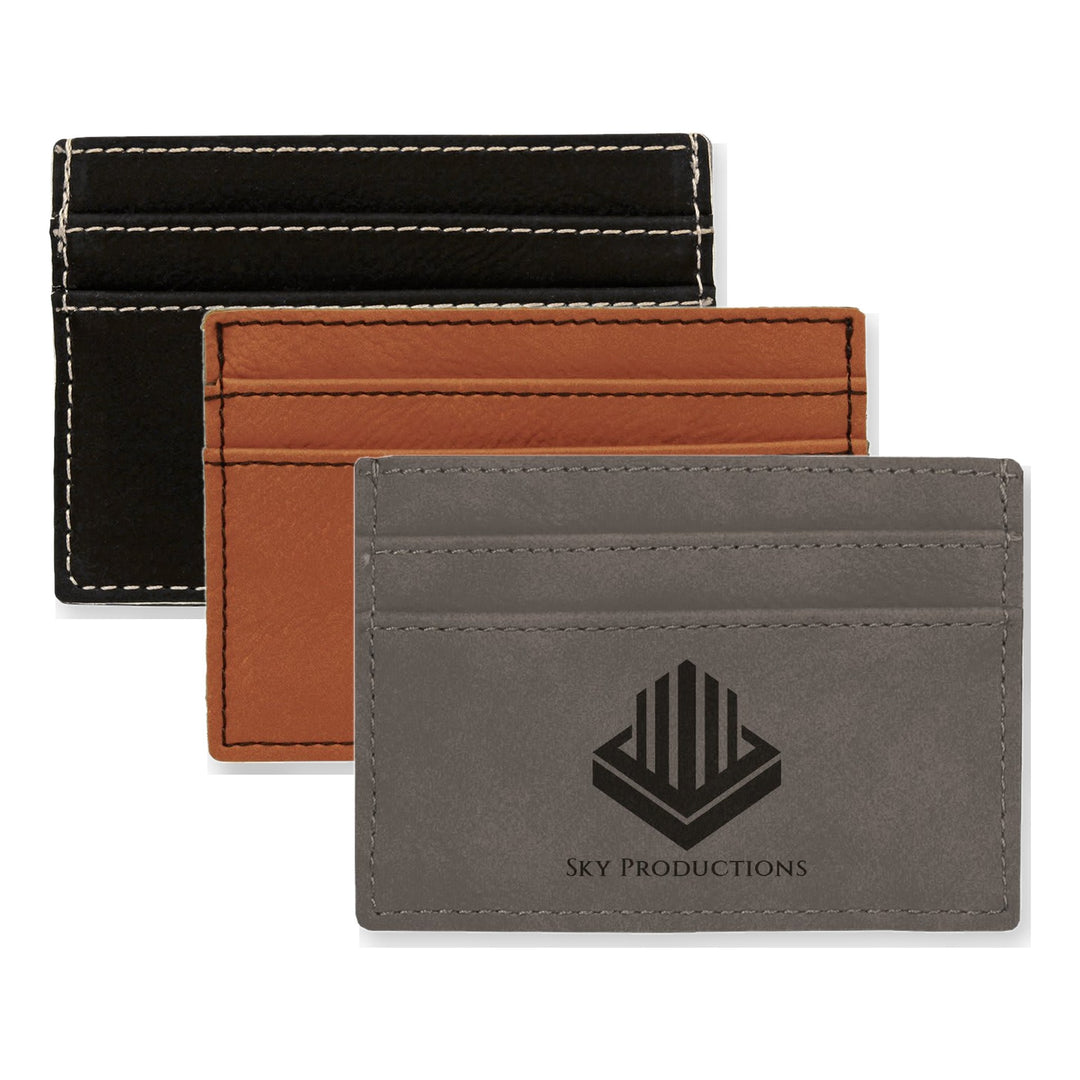 4" x 2 3/4" Leatherette Wallet Clip in Black/Silver, Rawhide, Gray with custom engraved logos