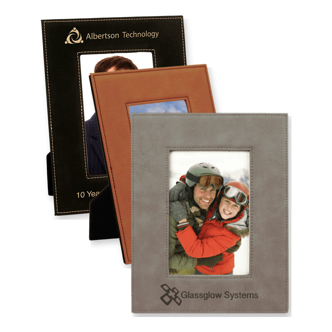 4" x 6" Leatherette Photo Frame in Black/Gold, Rawhide, Gray with custom engraved logos