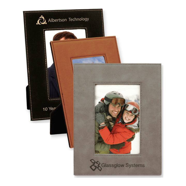 4" x 6" Leatherette Photo Frame in Black/Gold, Rawhide, Gray with custom engraved logos