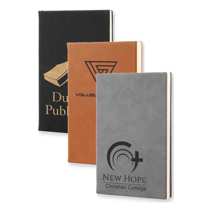 5 1/4" x 8 1/4" Leatherette Journal with Lined Notepad in Black/Gold, Rawhide, Gray with custom engraved logos