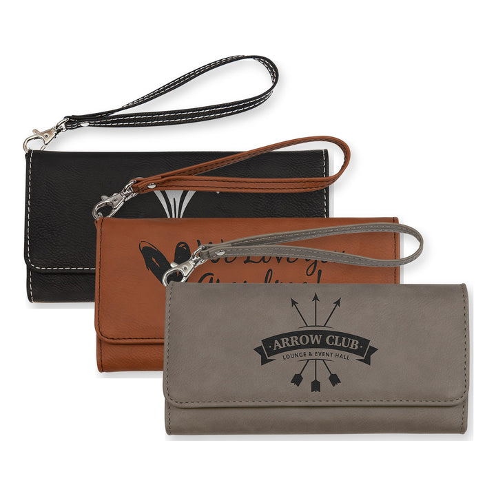 7 1/2" x 4" Leatherette Wallet with Strap in Black/Silver, Rawhide, Gray with custom engraved logos