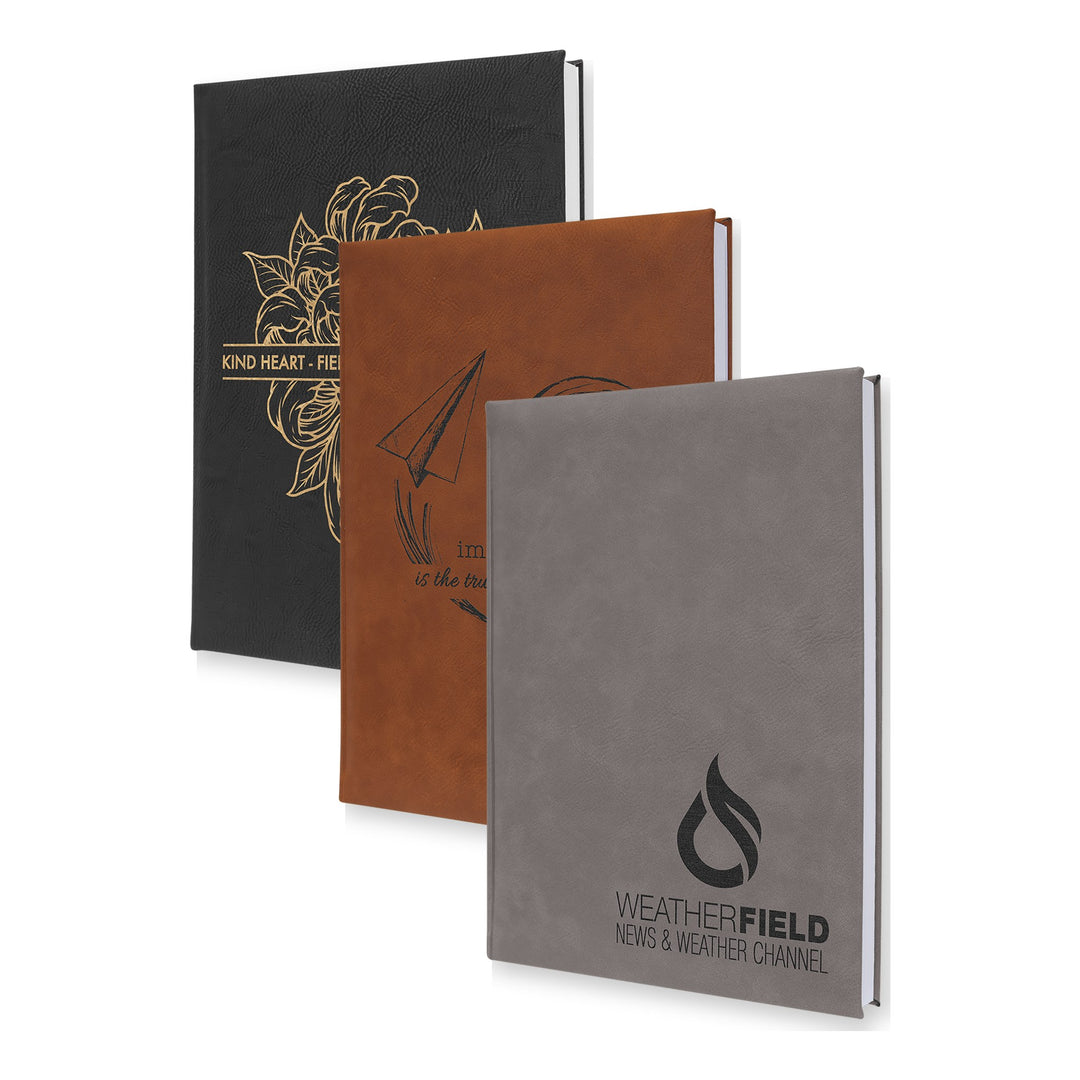 7" x 9 3/4" Leatherette Journal with Lined Notepad in Black/Gold, Rawhide, Gray with custom engraved logos