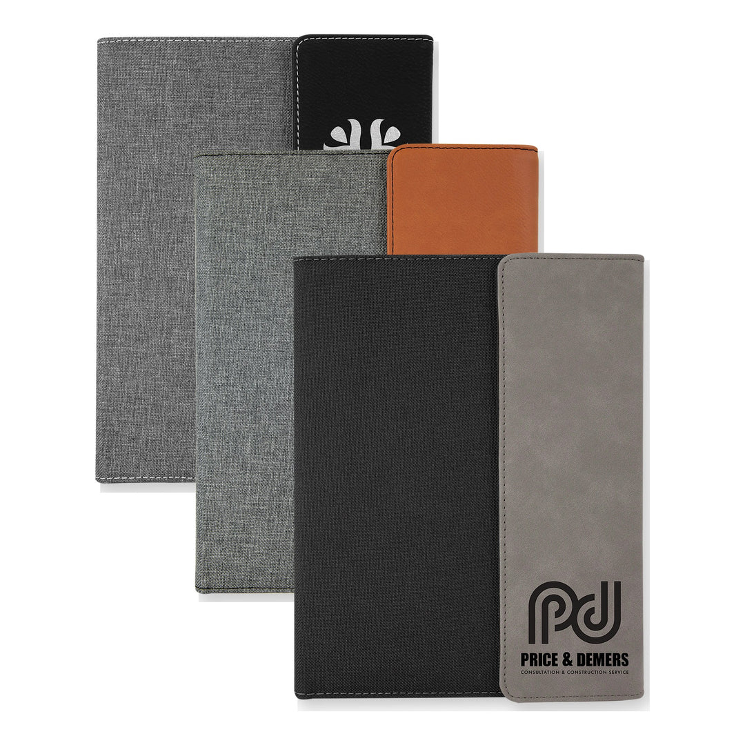 7" x 9" Canvas and Leatherette Portfolio with Notepad in Black/Silver, Rawhide, Gray with custom engraved logos