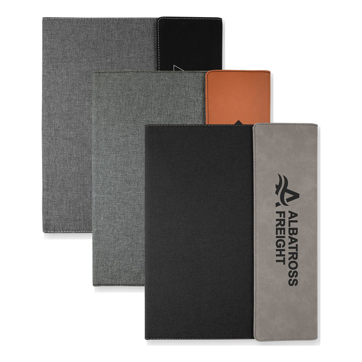 9 1/2" x 12" Canvas and Leatherette Portfolio with Notepad in Black/Silver, Rawhide, Gray with custom engraved logos