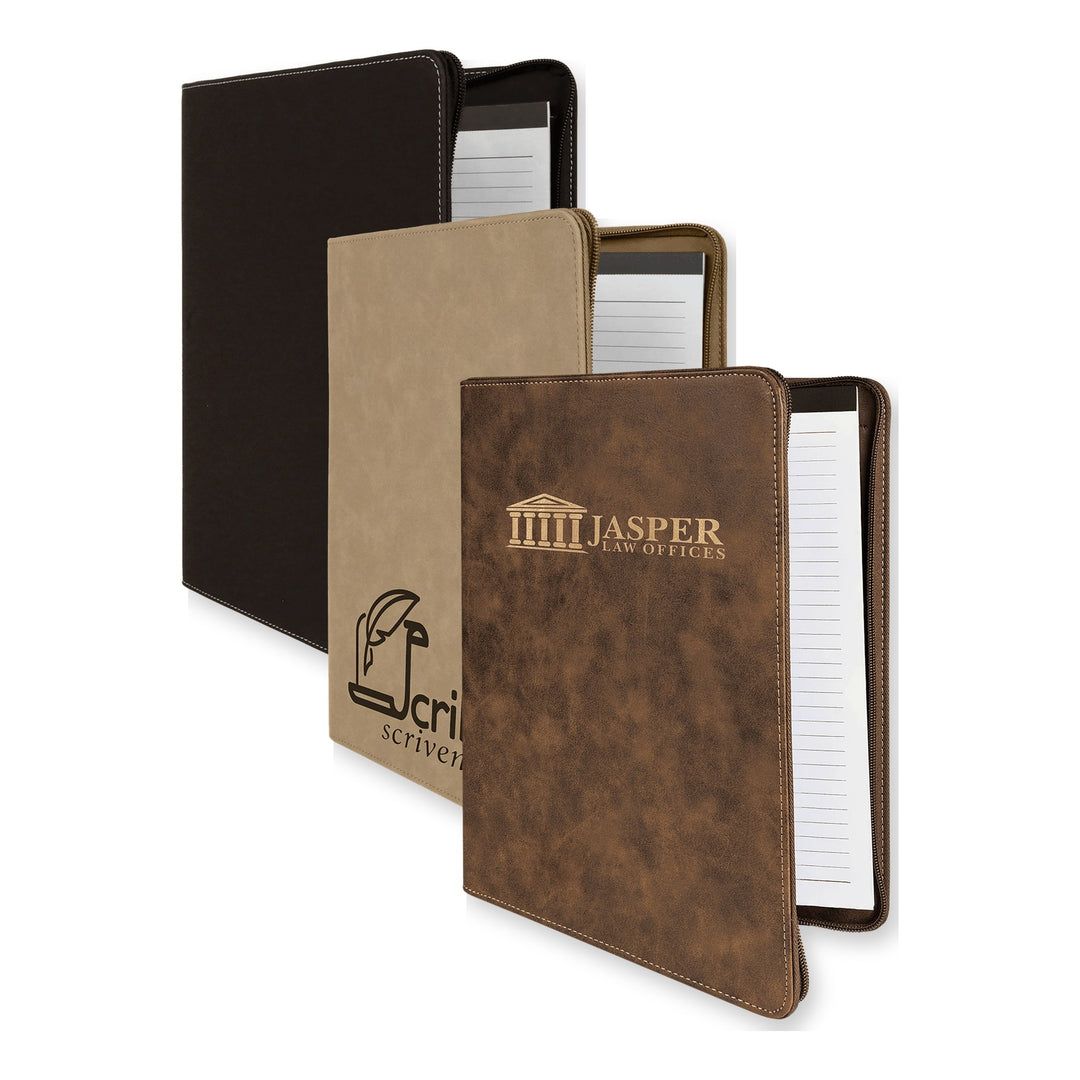 9 1/2" x 12" Two-Tone Zipper Portfolio with Notepad in Black/Silver, Light, Rustic/Gold with custom engraved logos
