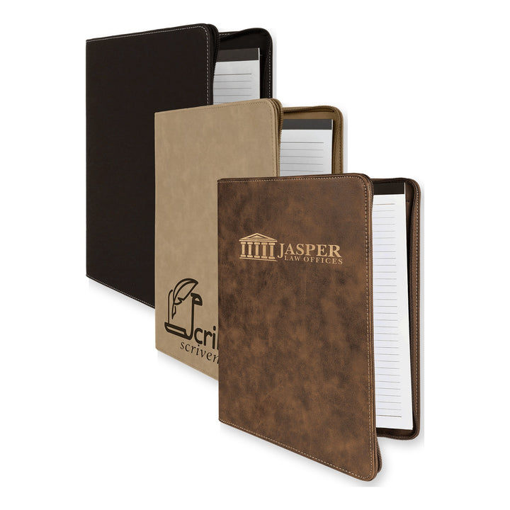 9 1/2" x 12" Two-Tone Zipper Portfolio with Notepad in Black/Silver, Light, Rustic/Gold with custom engraved logos
