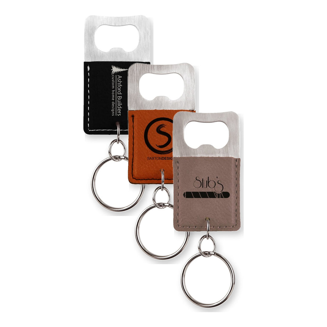 Rectangle Leatherette Bottle Opener Keychain in Black/Silver, Rawhide, Gray with custom engraved logos