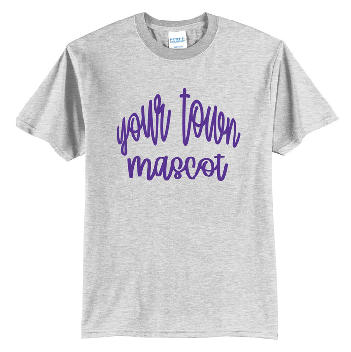 Custom hand-lettered script school-spirit tee, ash grey example with purple &