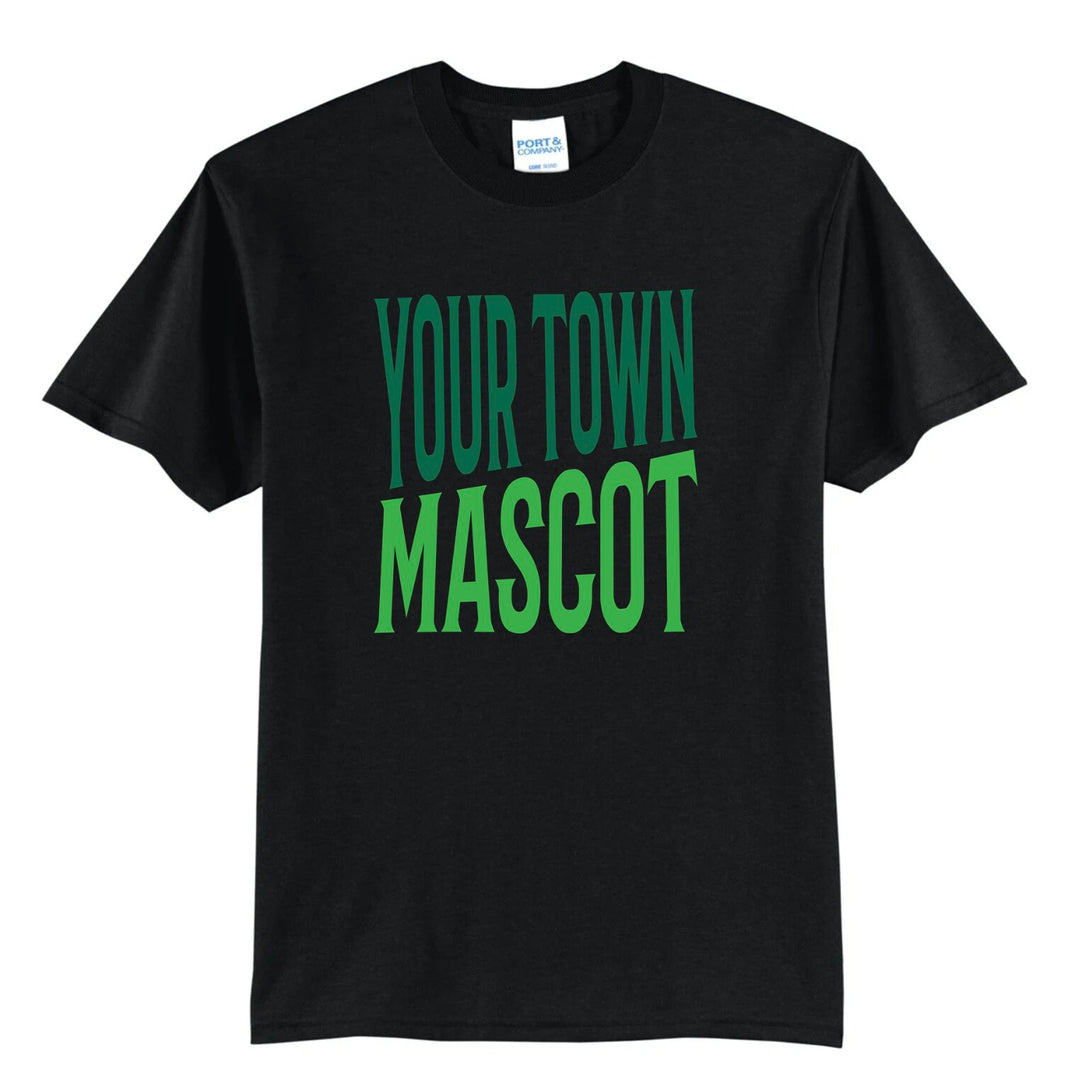 Custom bold block school-spirit tee, black example with green two-tone &
