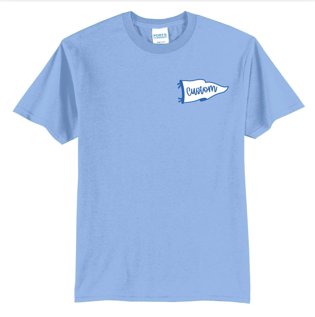 Custom varsity flag spirit tee, light blue example with a white left-chest pennant reading Custom