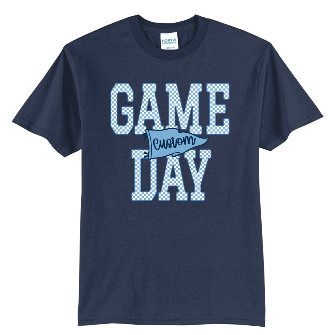 Custom game day tee in navy with checkered GAME DAY lettering and a light blue Custom pennant