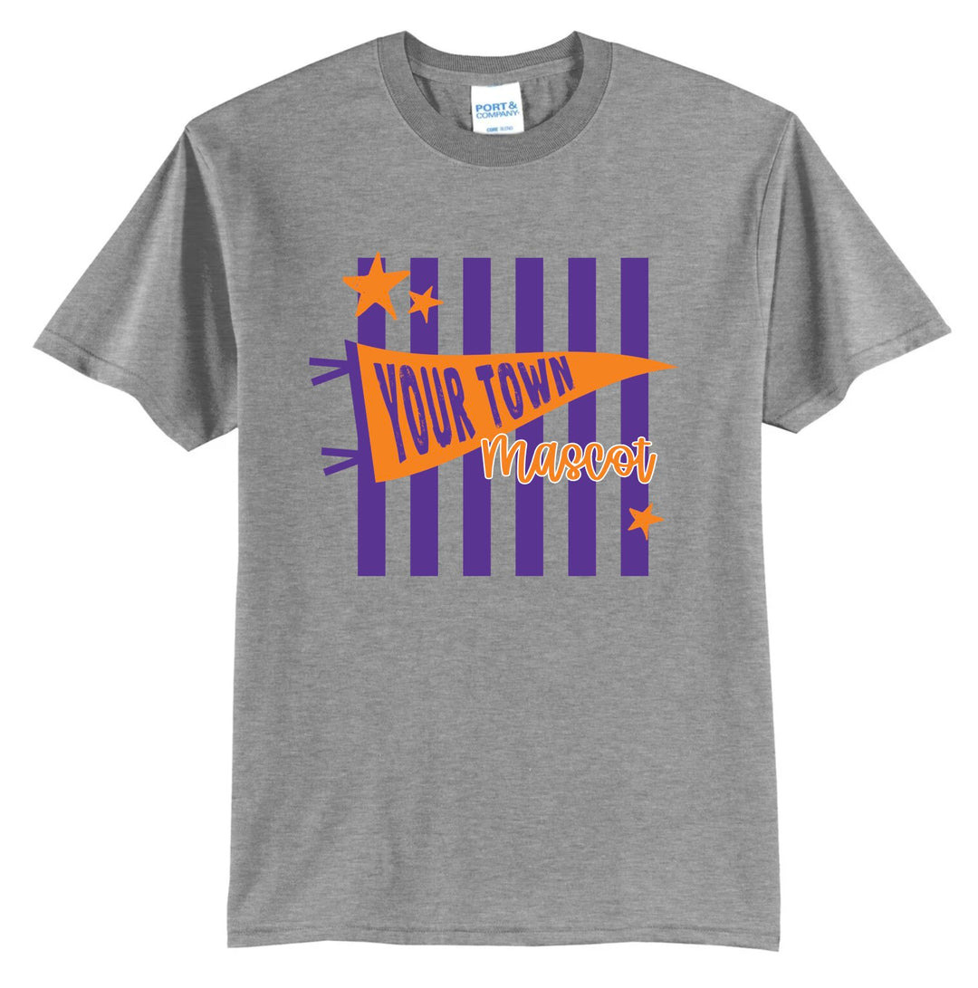 Custom pennant stripes spirit tee in athletic heather with purple stripes, stars, and an orange Your Town pennant