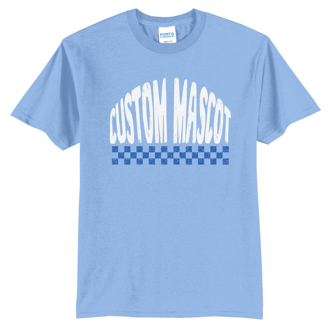 Custom checkered retro school-spirit tee, light blue example with CUSTOM MASCOT distressed print