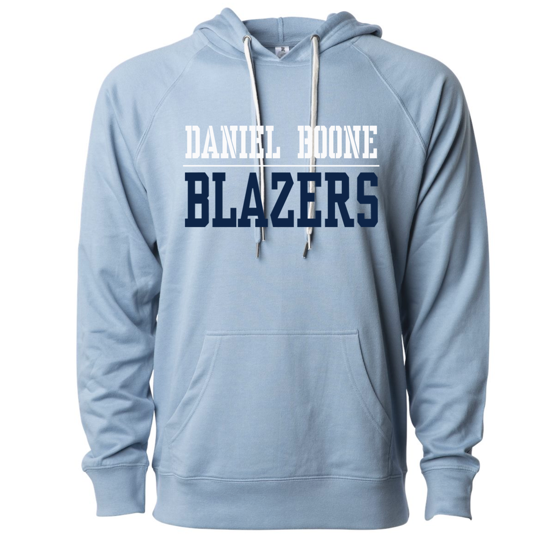 Misty blue Daniel Boone Blazers hoodie with white DANIEL BOONE over navy BLAZERS block lettering