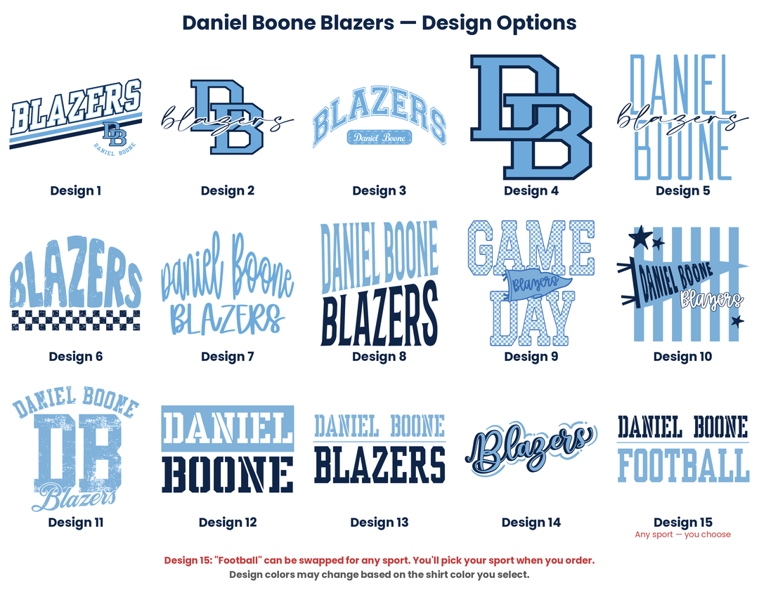 Daniel Boone Blazers design chart showing all fifteen design options, numbered 1 to 15
