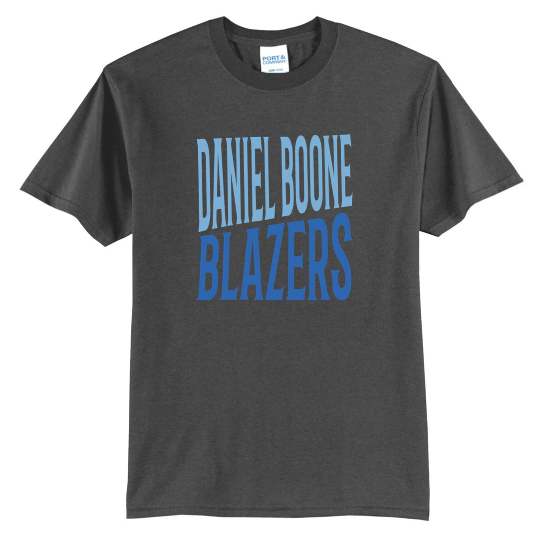 Example: dark heather grey tee with light blue and royal blue two-tone block lettering