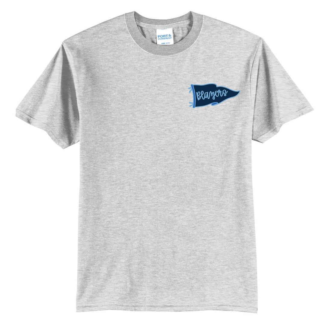 Daniel Boone Blazers varsity flag spirit tee in ash grey with a navy left-chest pennant reading Blazers
