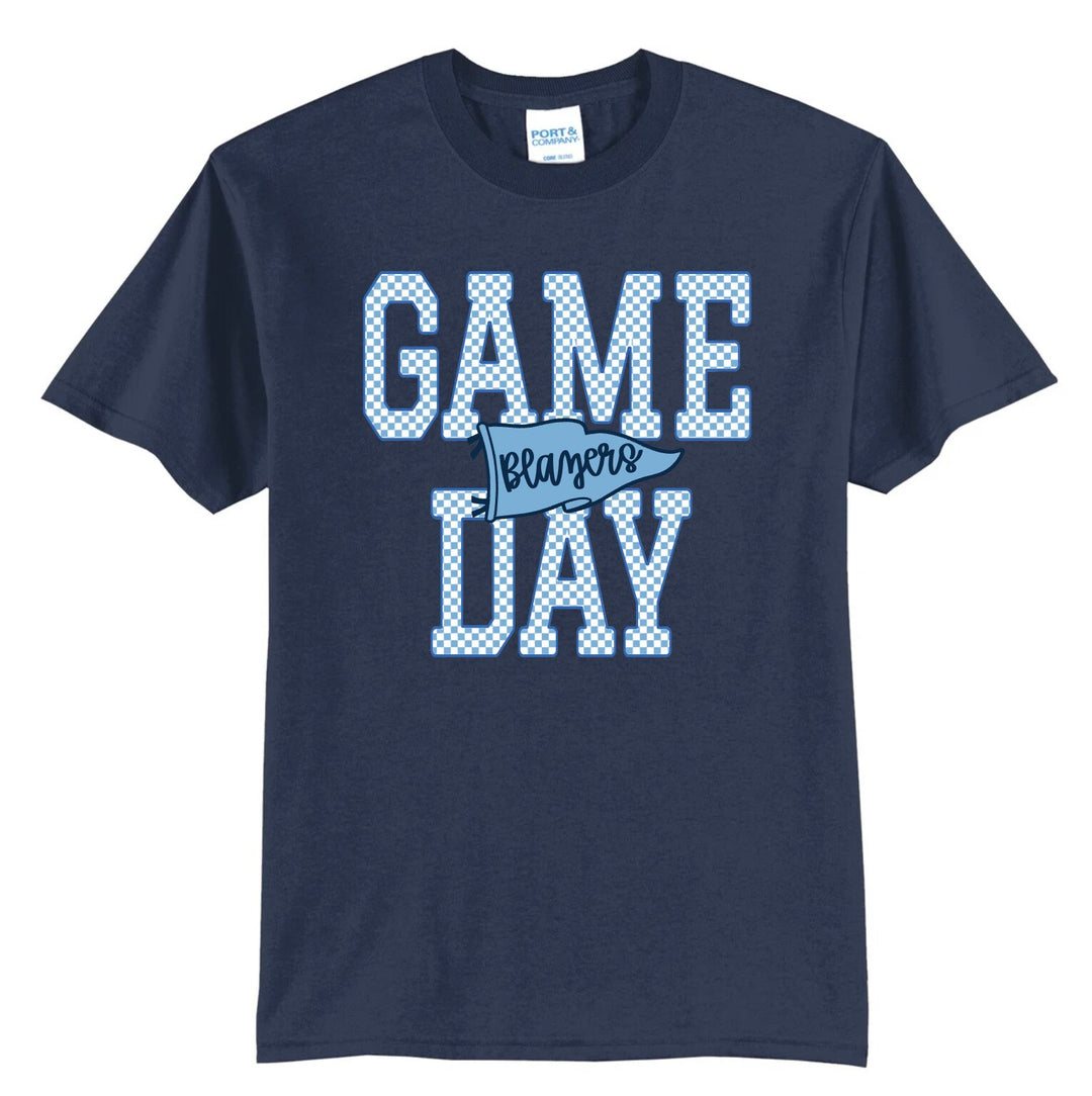 Daniel Boone Blazers game day tee in navy with light blue checkered GAME DAY lettering and a light blue Blazers pennant