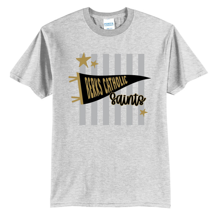 Example: ash grey tee with light blue stripes, stars, and a light blue pennant
