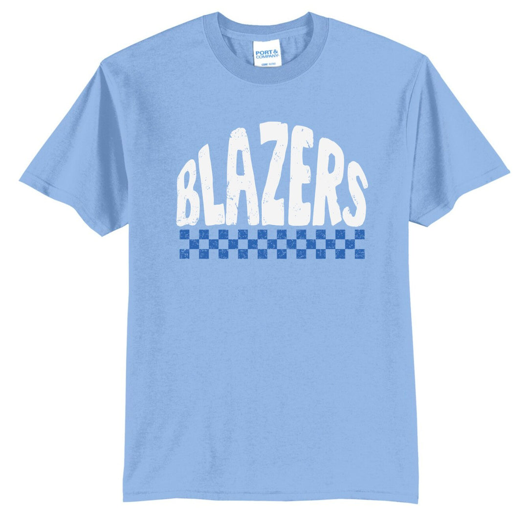 Example: Carolina blue tee with white distressed mascot and royal checkered stripe