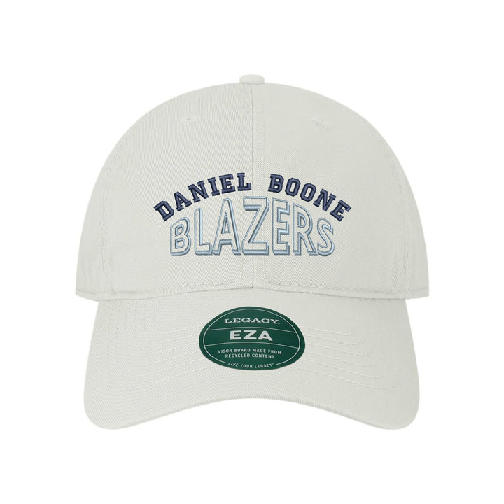 Daniel Boone Blazers Classic Arch embroidered dad cap, navy and Carolina blue stitching on a white cap