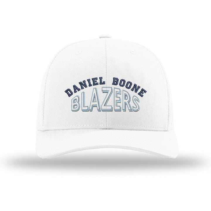 Daniel Boone Blazers Classic Arch embroidered trucker hat, navy and Carolina blue stitching on a white hat