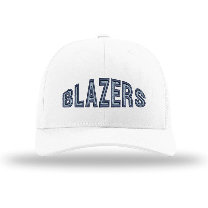 Daniel Boone Blazers Mascot Arch embroidered trucker hat, navy and Carolina blue stitching on a white hat