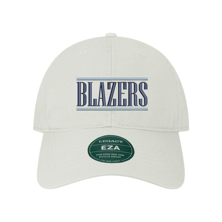 Daniel Boone Blazers Varsity Bars embroidered dad cap, navy and Carolina blue stitching on a white cap
