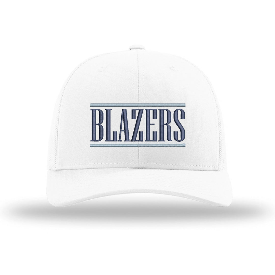 Daniel Boone Blazers Varsity Bars embroidered trucker hat, navy and Carolina blue stitching on a white hat