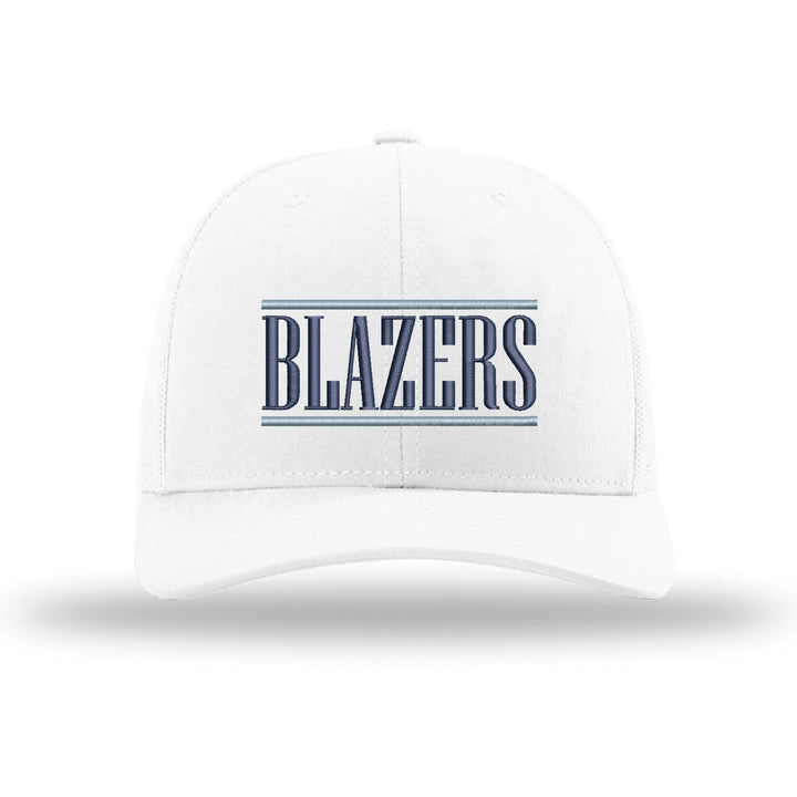 Daniel Boone Blazers Varsity Bars embroidered trucker hat, navy and Carolina blue stitching on a white hat
