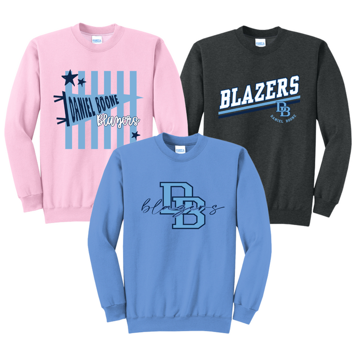 Three Daniel Boone Blazers crewneck sweatshirts in light pink, carolina blue and dark heather charcoal, each with a different Blazers design in navy, light blue and white