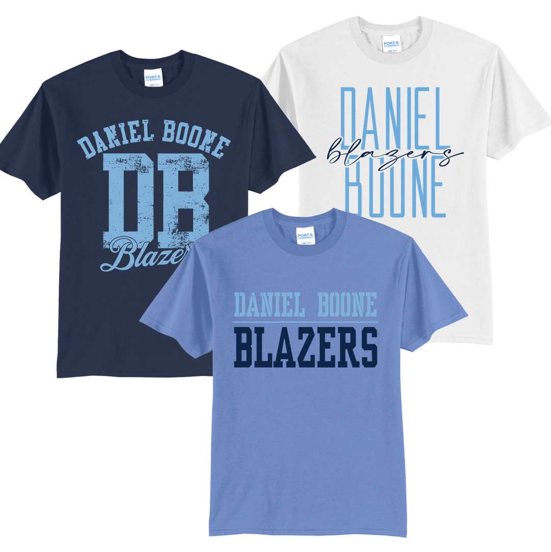 Three Daniel Boone Blazers t-shirts in navy, white and carolina blue, each with a different Blazers design in navy and light blue
