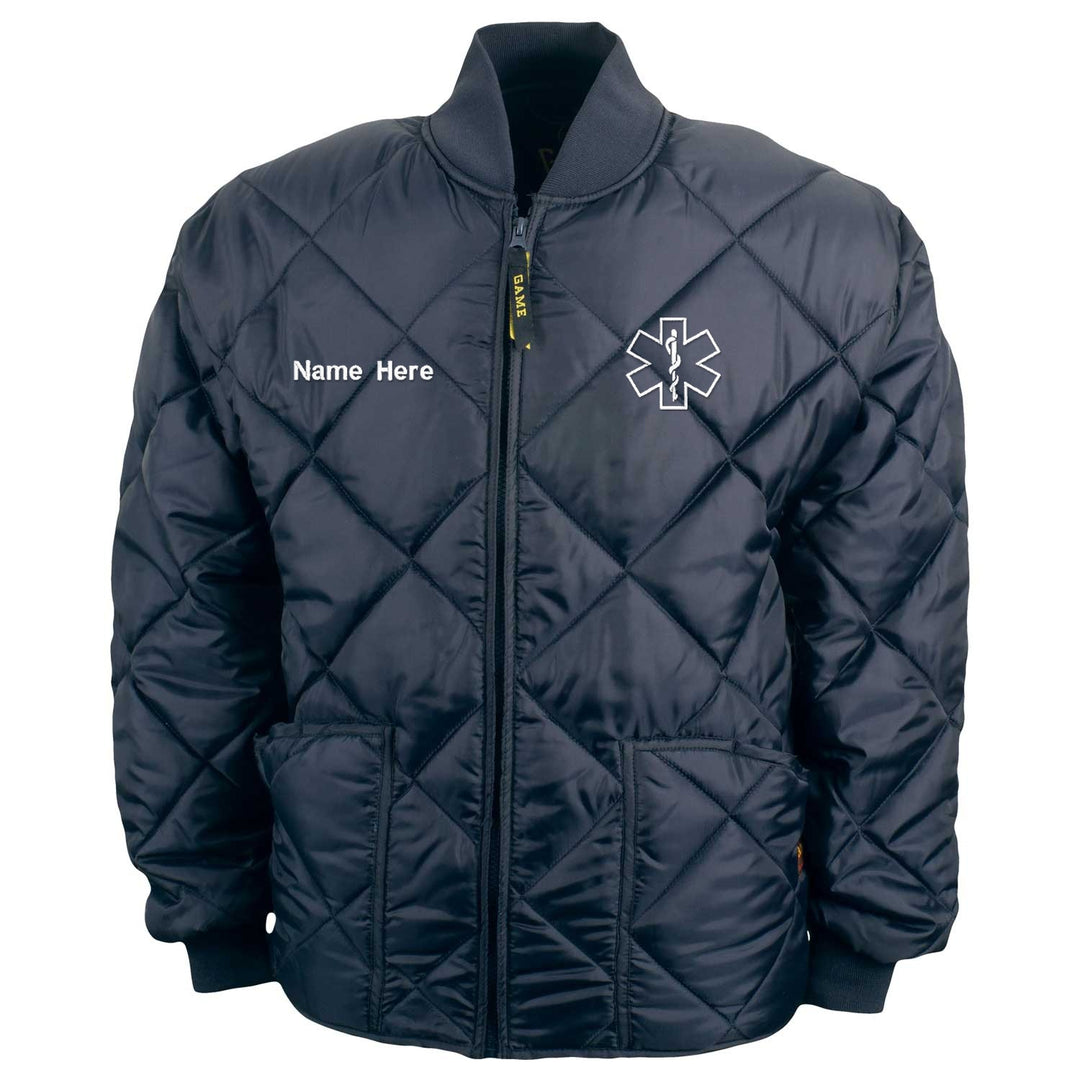 Navy diamond quilted jacket with custom embroidered name on right chest and Star of Life EMS emblem on left chest