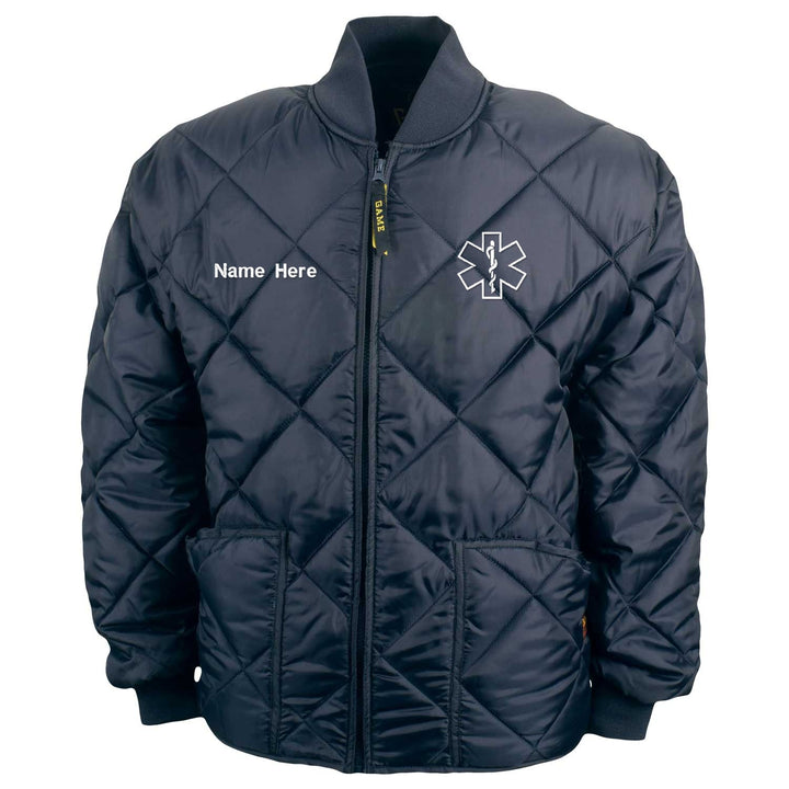 Navy diamond quilted jacket with custom embroidered name on right chest and Star of Life EMS emblem on left chest