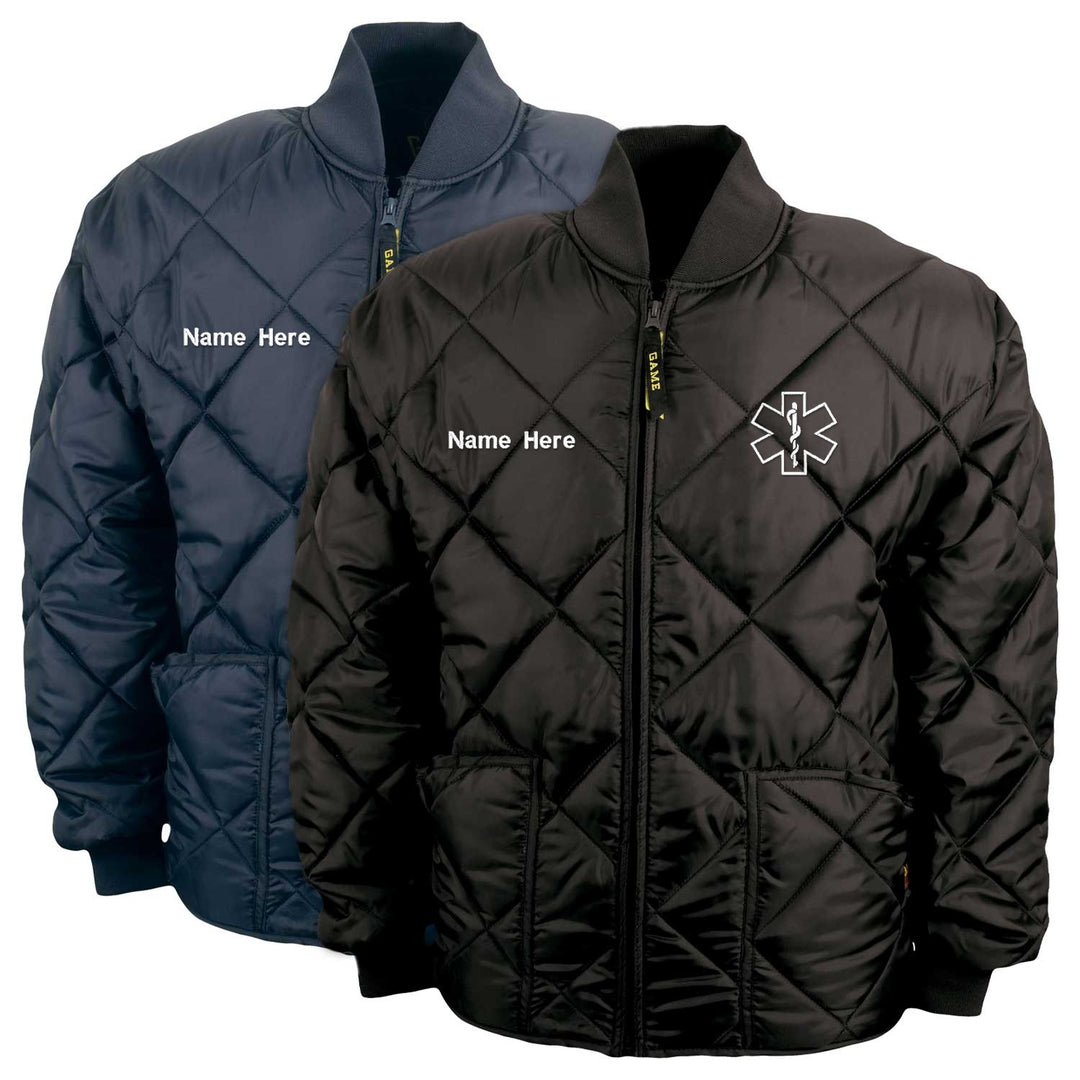Navy and black EMS diamond quilted jackets with embroidered name and Star of Life on the chest