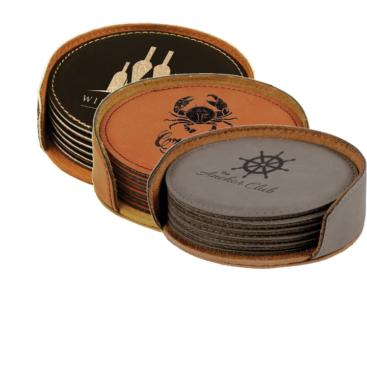 Engraved Leatherette Coasters with Logo shown in three colors