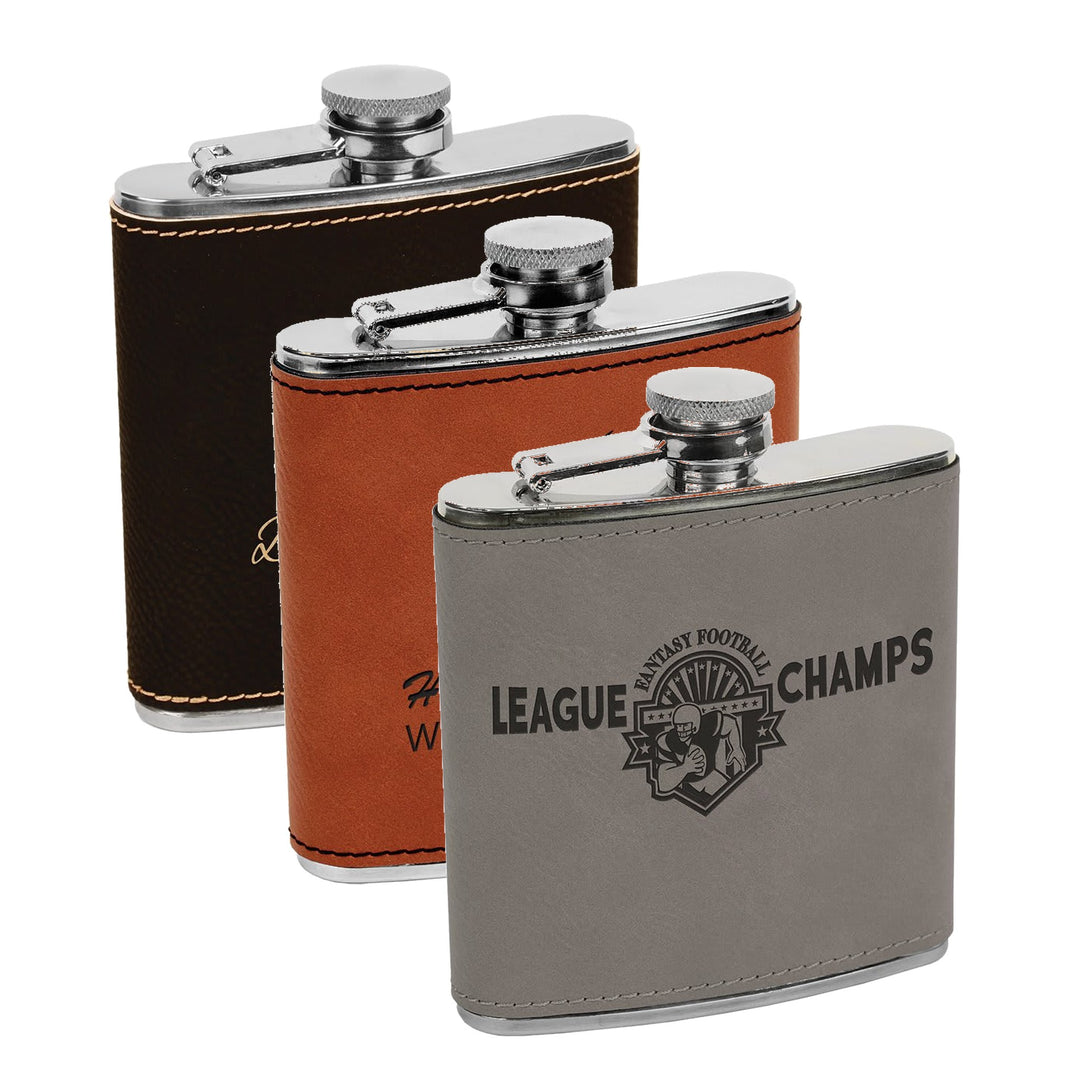Engraved Leatherette Flask with Logo shown in three colors