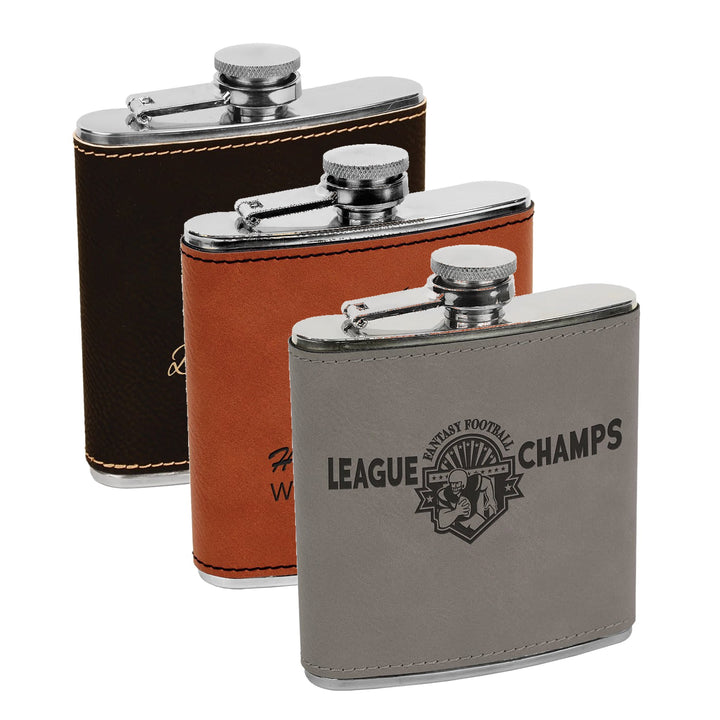 Engraved Leatherette Flask with Logo shown in three colors