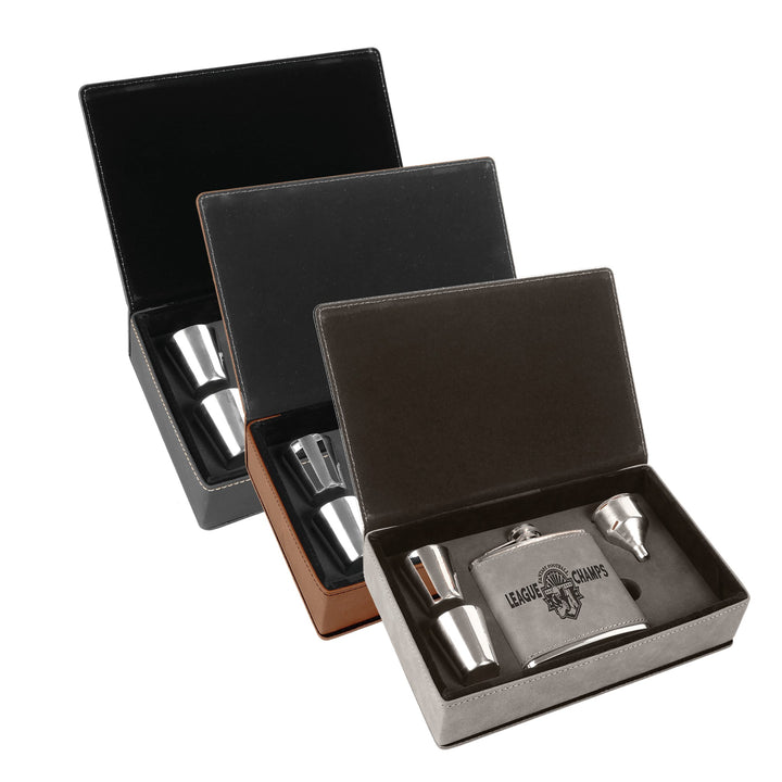 Engraved Leatherette Flask Gift Set with Logo shown in three colors