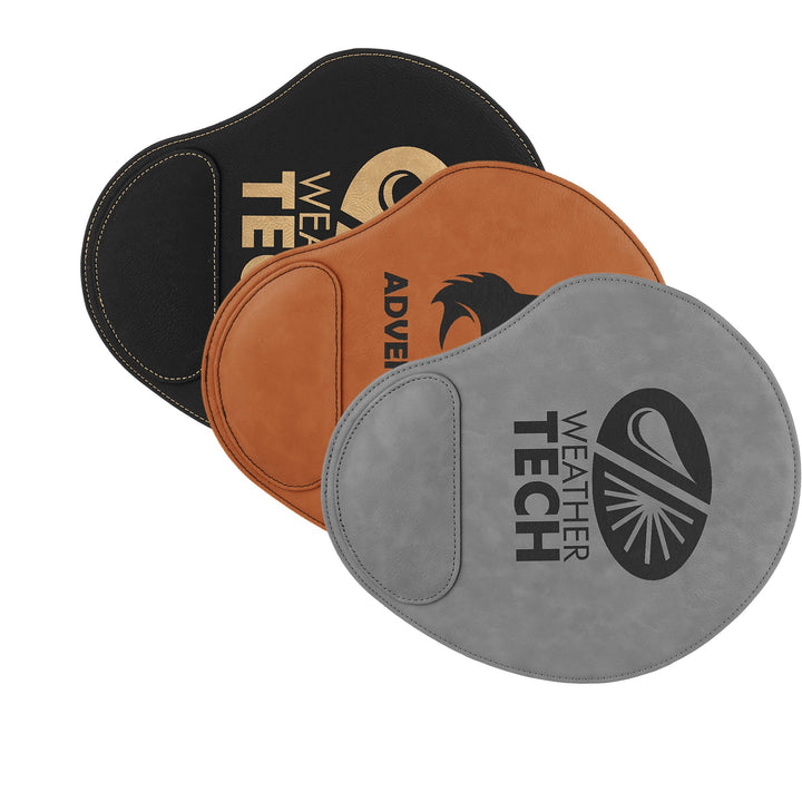 Engraved Leatherette Mouse Pad with Logo shown in black/gold, rawhide and gray