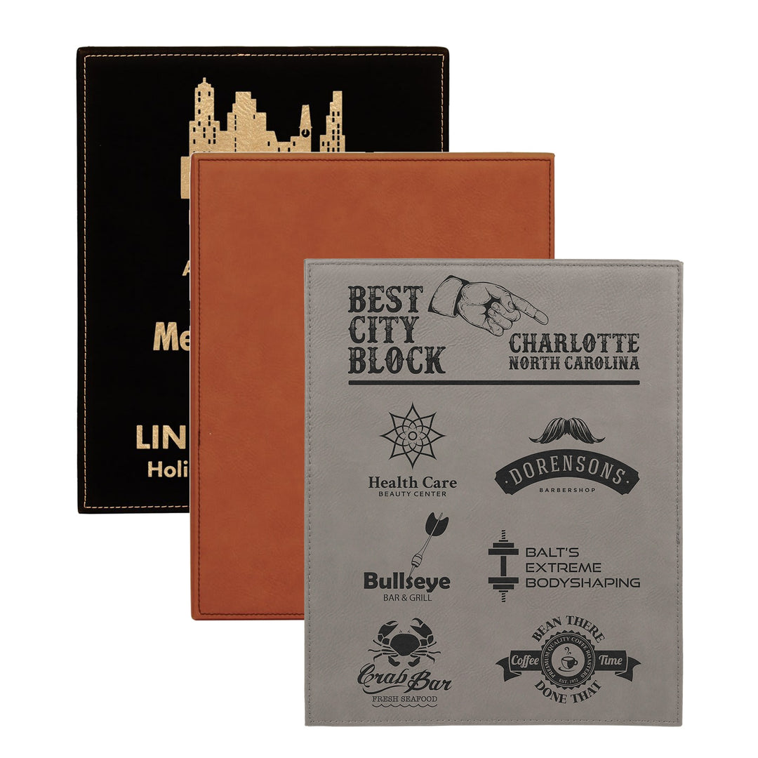 Engraved Leatherette Plaque shown in black/gold, rawhide and gray