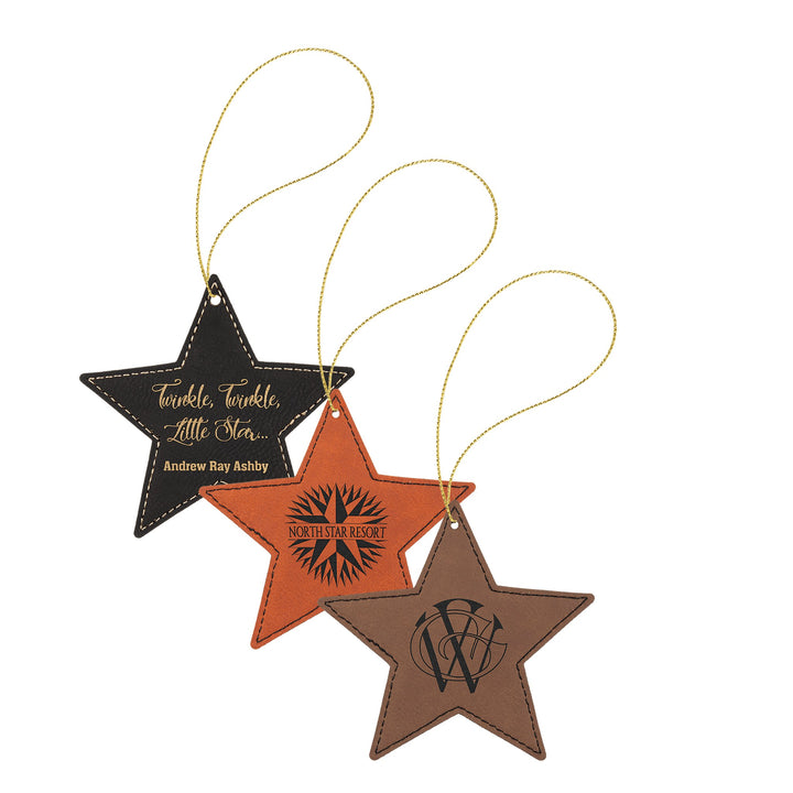 Engraved Leatherette Star Ornament with Logo shown in three colors