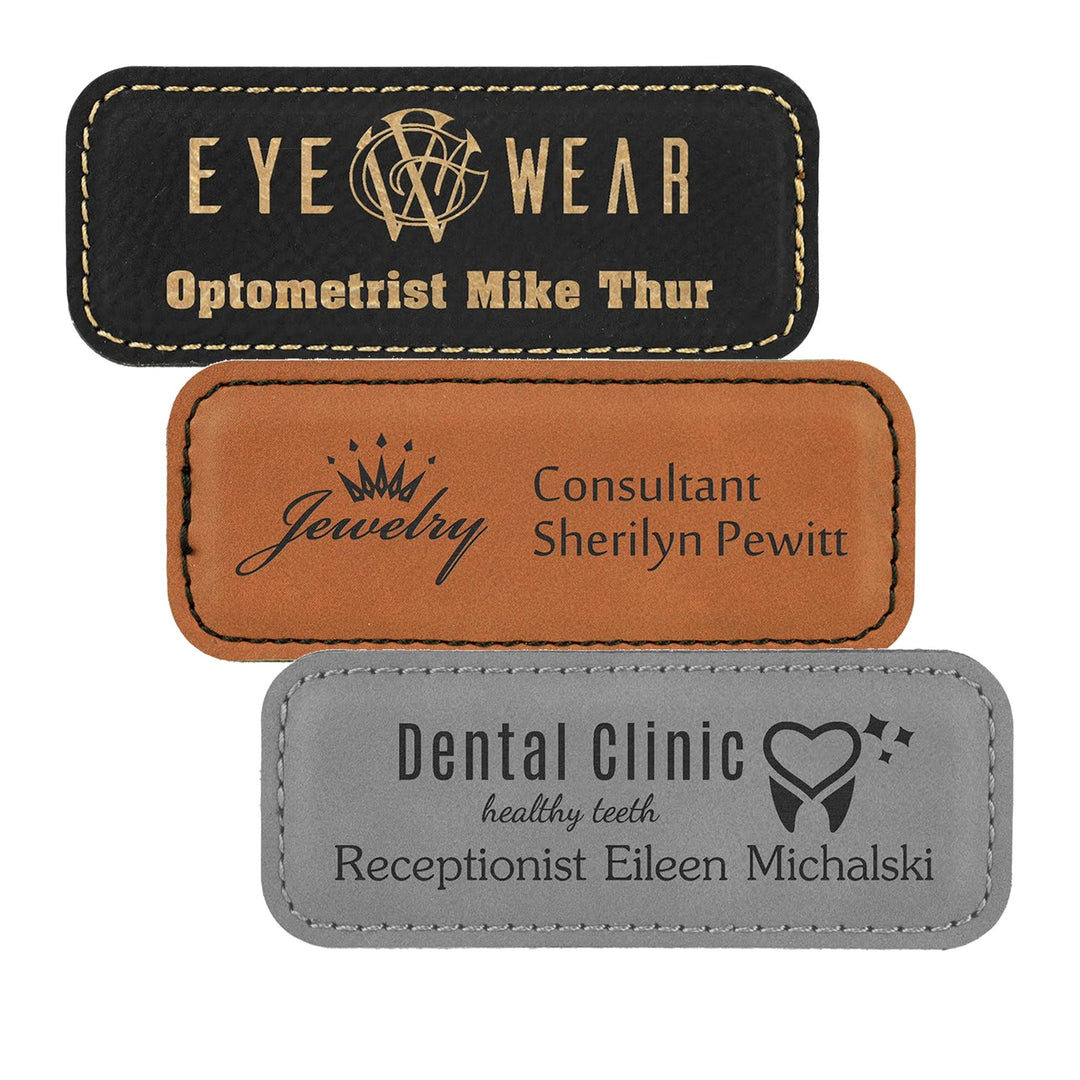 Engraved Name Badges with Logo shown in black/gold, rawhide and gray