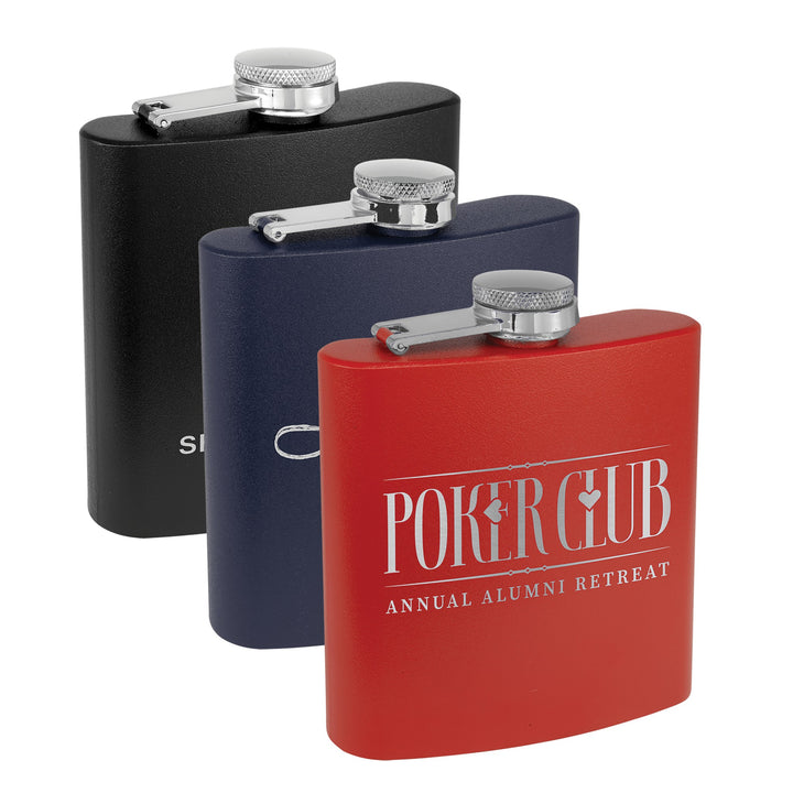 Engraved Powder Coated Flask with Logo shown in three colors