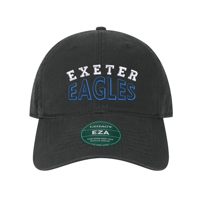 Exeter Eagles Classic Arch embroidered dad cap, white and royal blue stitching on a black cap