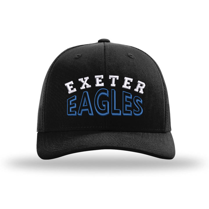 Exeter Eagles Classic Arch embroidered trucker hat, white and royal blue stitching on a black hat