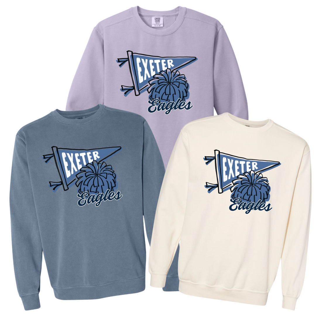 Exeter Eagles cheer crewnecks in three Comfort Colors shades - violet, blue jean and ivory - with a hand-drawn pennant, pom and Eagles script design
